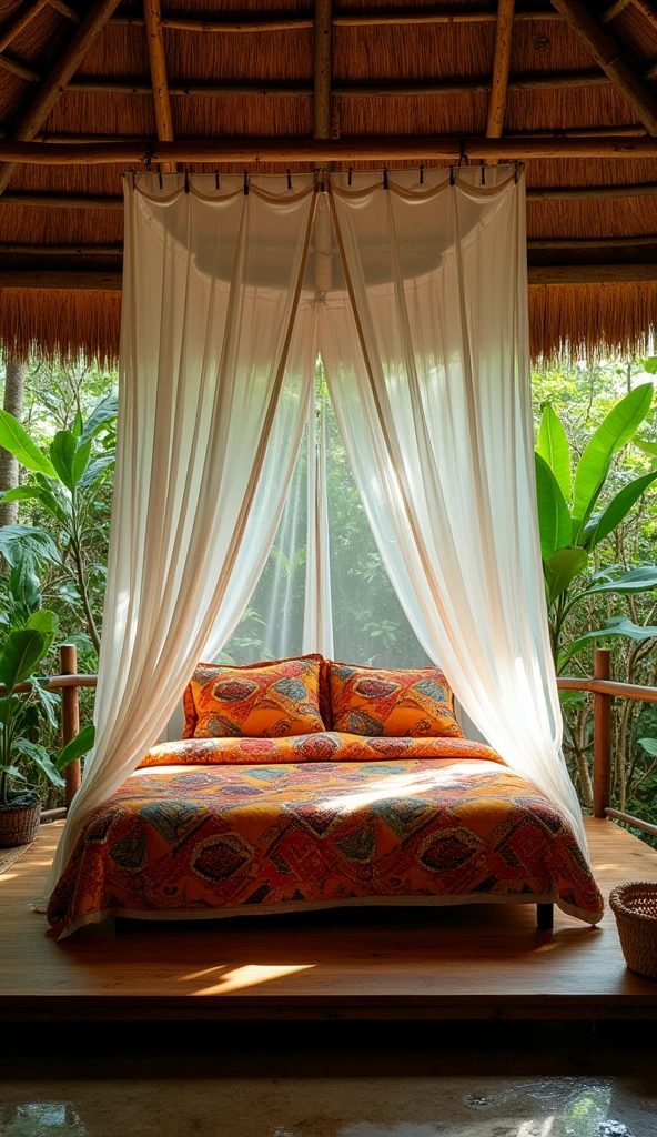 "A bohemian-style bed in a tropical jungle bungalow, surrounded by vibrant greenery and the sounds of nature. The bed is set on a raised platform with a mosquito net canopy, and colorful, patterned linens add a touch of exotic flair. The open-air design of the bungalow allows for the fresh, warm breeze to flow through, creating a dreamy, secluded retreat."