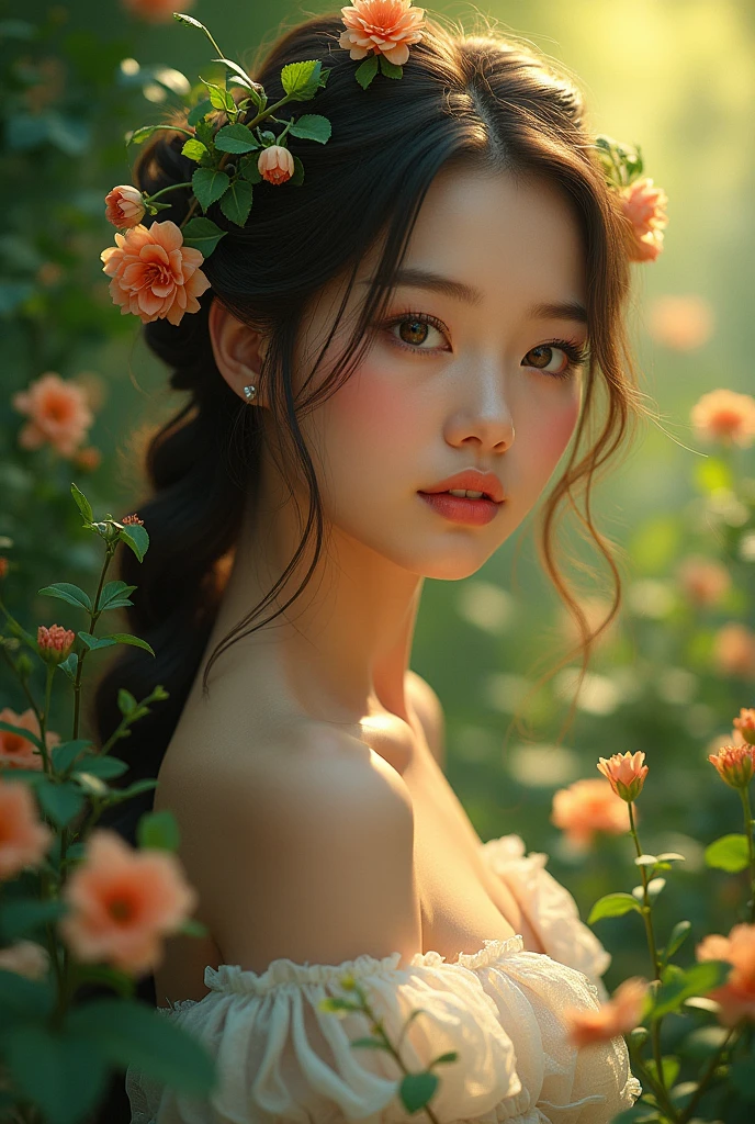 a girl in a beautiful serene garden, detailed and realistic, 1girl, beautiful detailed eyes, beautiful detailed lips, extremely detailed face and features, long eyelashes, graceful pose, warm lighting, cinematic composition, vibrant colors, lush vegetation, intricate details, (best quality,4k,8k,highres,masterpiece:1.2),ultra-detailed,(realistic,photorealistic,photo-realistic:1.37),digital art, concept art, highly detailed illustration