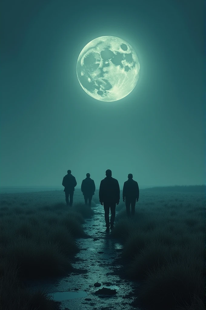 A low field, a strange flaw, group of men following, moonligh, High definition
