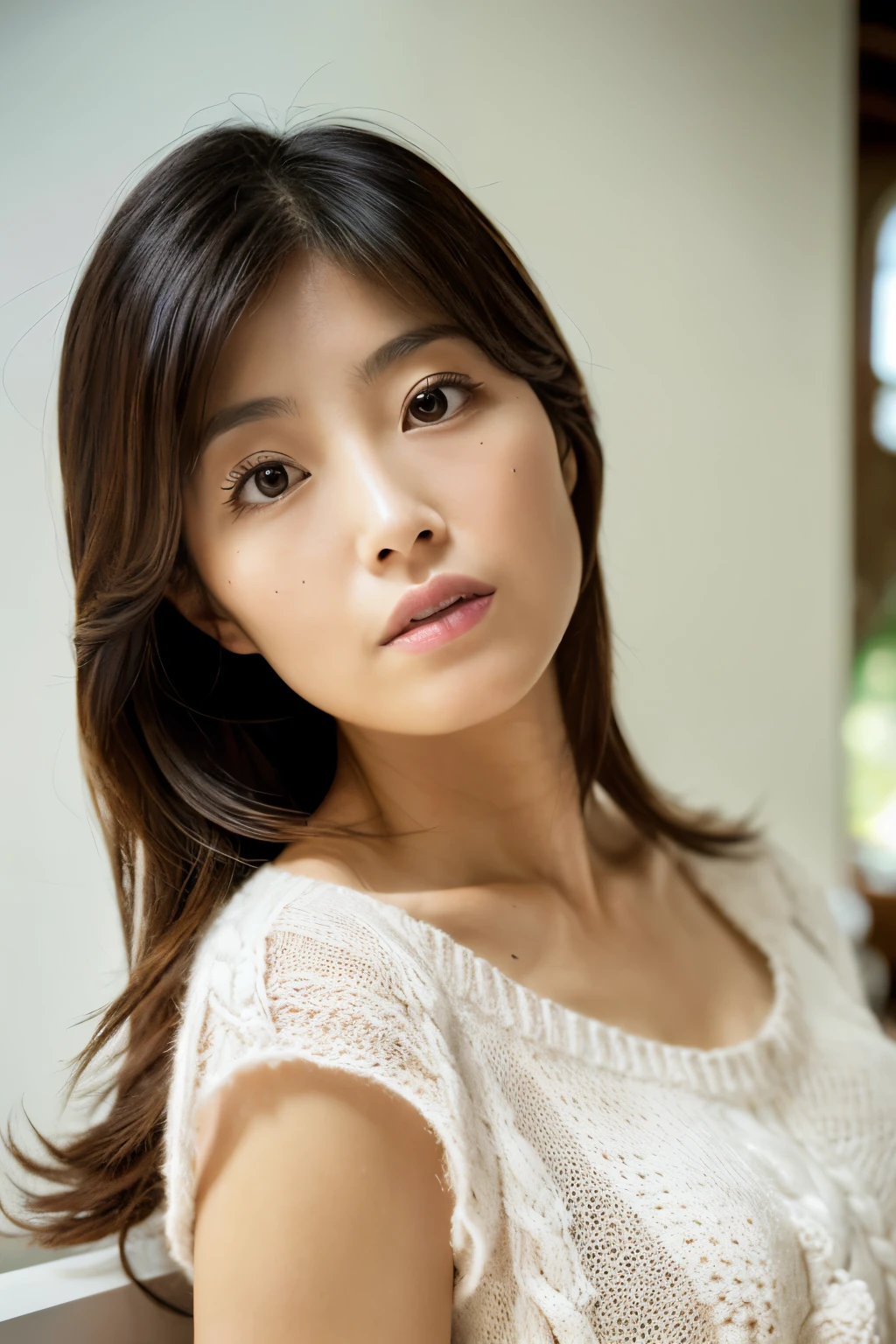 Masterpiece, Photogravure, High quality, Ultra-high resolution, 8K, Realistic, (Intricate details: 1.2), A skinny Japanese actress, 40 years old, {short|long} hair, cute face, detailed face, beautiful eyes, detailed eyes, slender body, hourglass figure, anatomically correct body structure, (wearing a loose knit camisole next to the skin: 1.4), obscene pose, (tilted head: 1.2), looking into the camera. a photo captured at a refreshing room filled with sunlight, white floor, white walls, house hold items, (plants: 0.8), in summer. Top view photo, full-body photo