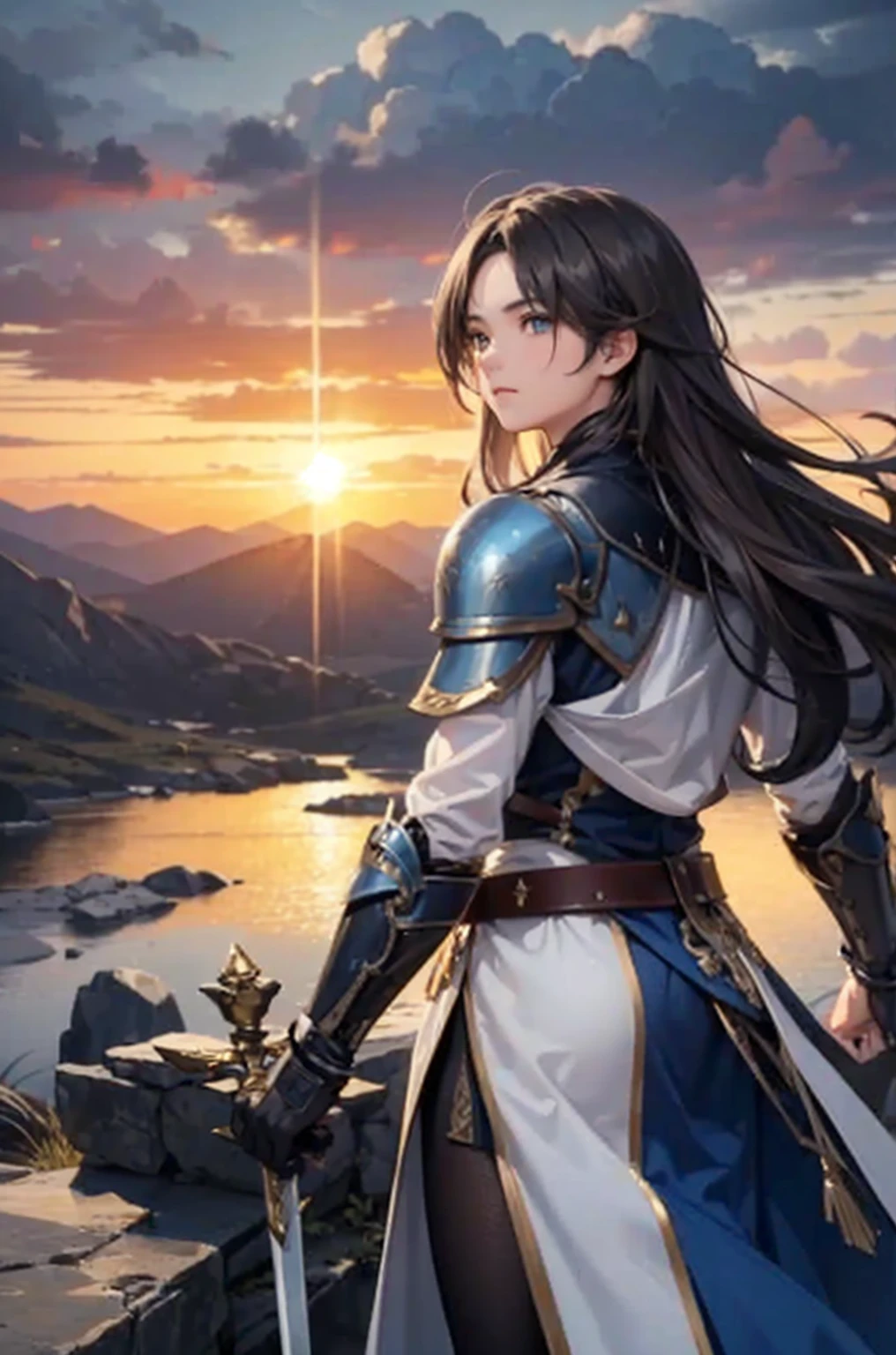 Create an image of André as a courageous guardian, depicted as a white person with fair skin and dark brown, slightly wavy hair, at medium length, moving with the wind. He should be in a leadership pose on top of a mountain, gazing determinedly at the horizon. Surrounding him is a wild landscape with towering mountains and a dramatic dusk sky, with heavy clouds and a setting sun. He wears modern armor, made of silver metal with blue and gold accents, holding an ancient sword that glows with an inner light, symbolizing his courage and inner strength. The color palette should include shades of gray, silver, blue, gold, and a touch of orange from the sunset, and the artistic style should be epic and realistic, conveying André's greatness and masculinity.