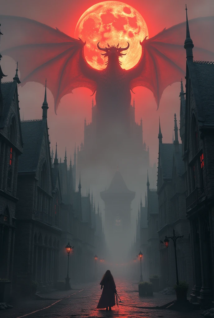 Crie uma cidade medieval de dungeons and dragons, do with an eclipse, make the city with a thick fog, make this city with thick fog and eclipse, and in this city there is a red dragon from dungeons and dragons