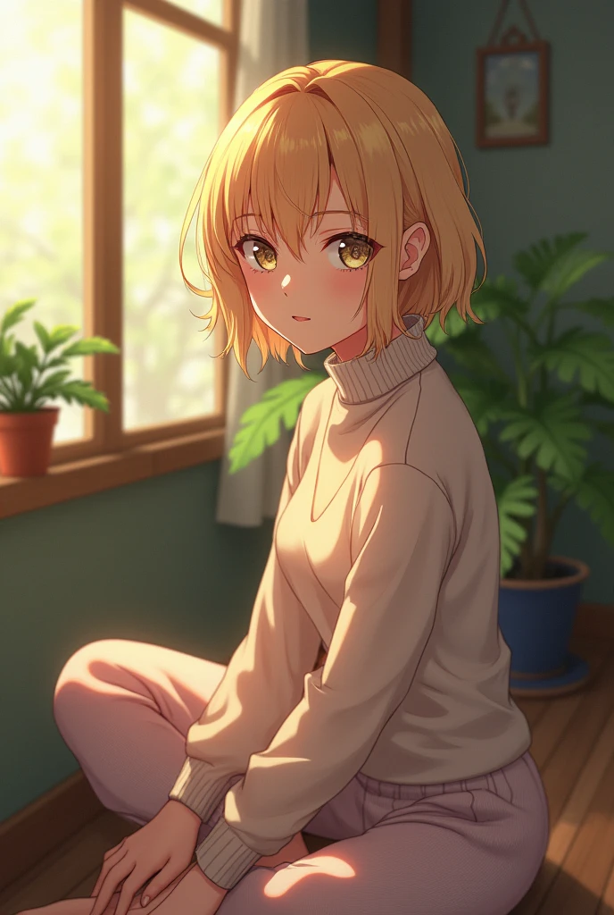 (photorealism:1.2), beautiful woman, sitting on porch, wearing turtleneck sweater, pajama pants, short blonde hair, indoors, soft lighting, plants in background, window with sunlight, cozy room, relaxed pose, anime, intricate details, warm colors