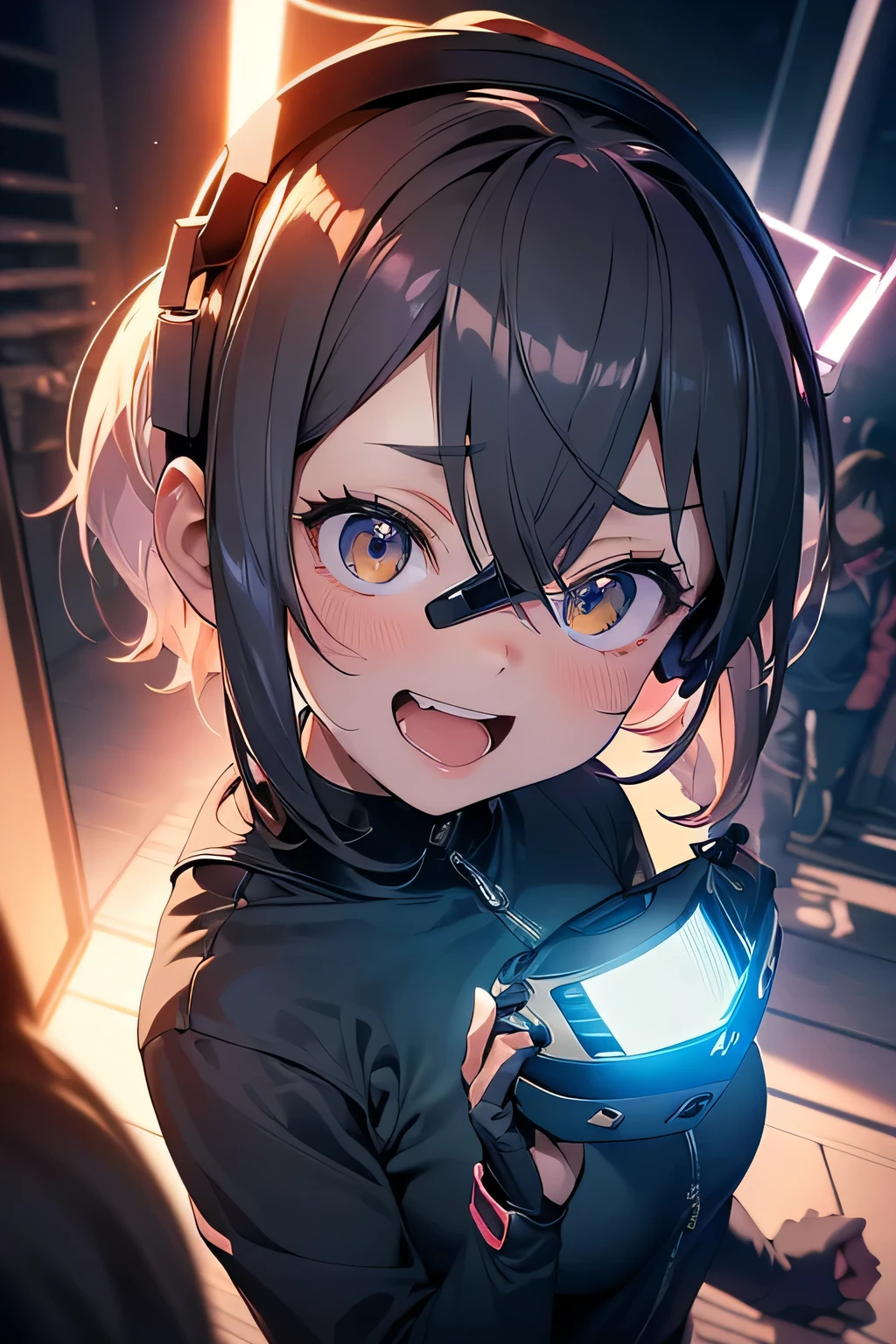Highest quality、High resolution、Detailed Background、(Beautiful face in every detail:1.4)、Anatomically correct、(Normal number of fingers:1.2)、Highly detailed face、Detailed eyes、10-year-old anime girls、(Huge breasts:1.2)、Perfect body line、Light color hair、Bobcut、ponytail、well-groomed eyebrows、Extremely excited、
(Excited girl wearing VR goggles in a dark room:1.5)、
His eyes are wide open and he is immersed in the experience inside the goggles.、Mouth slightly open or smiling widely、A part of the body is moving slightly、Your hands are shaking slightly or your body is swaying back and forth、A slight redness on the face and neck due to an increased heart rate、Totally immersed