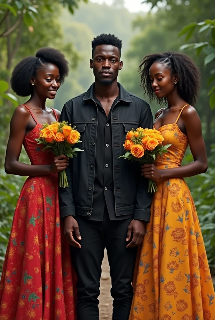 Un jeune homme de 23 ans africain en veste noir au milieu de deux filles africaines de 20 ans et 21 ans toutes deux en robes de mariage avec une fleur en main. One of the girls is happy and the other is sad