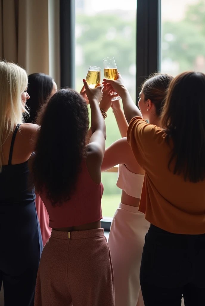 Photo with 7 women from behind toasting with the pose of successful candidates. A white blonde, a black woman with long curly hair, a black woman with medium hair, a brown brunette with long black straight hair, a brown brunette with medium hair, another brown brunette with medium hair and a brunette with black hair and white skin
