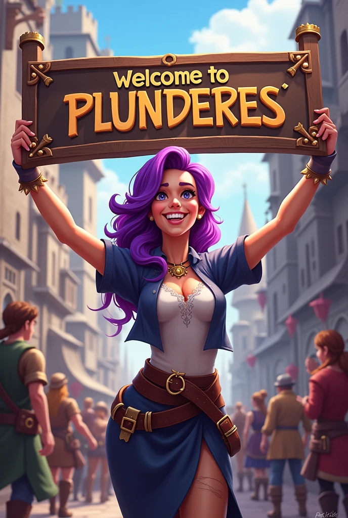 a purple haired woman leads a guild, she was happy smiling looking at the camera holding the word welcome to plunderes