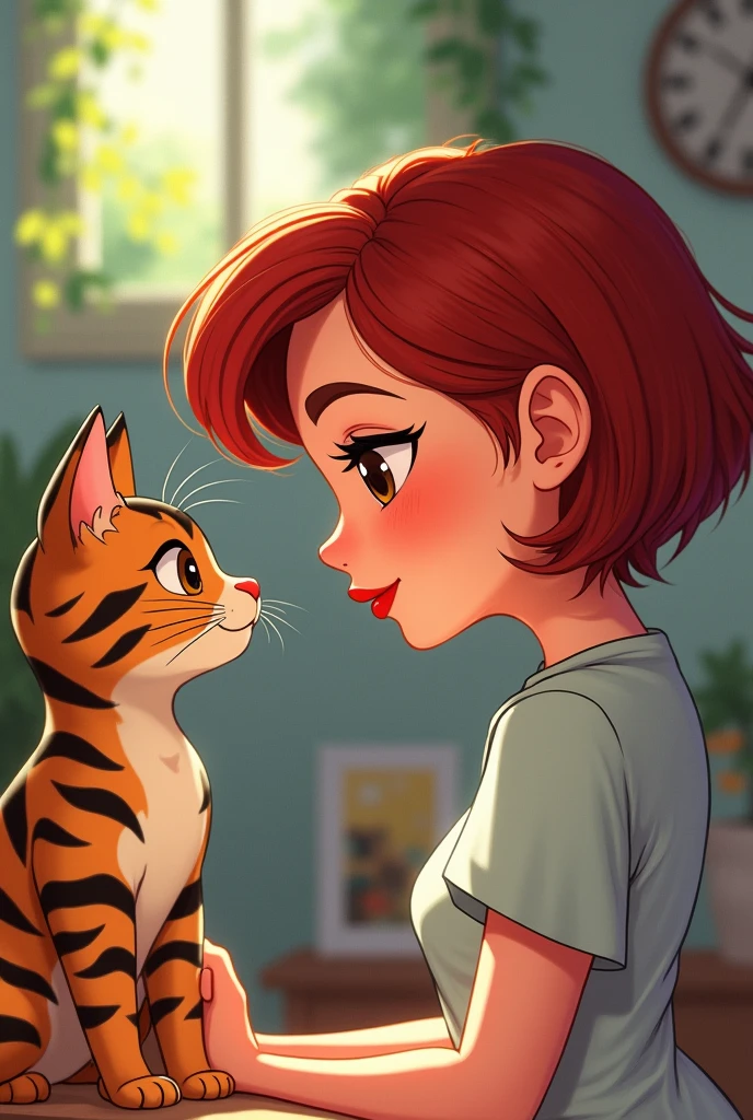 Brunette girl with short shoulder-length red hair and red lips, Oval face, body build of 80 kilos, she is not skinny, His eyes go from black to brown, with his Bengal tabby cat, staring at each other Animated design