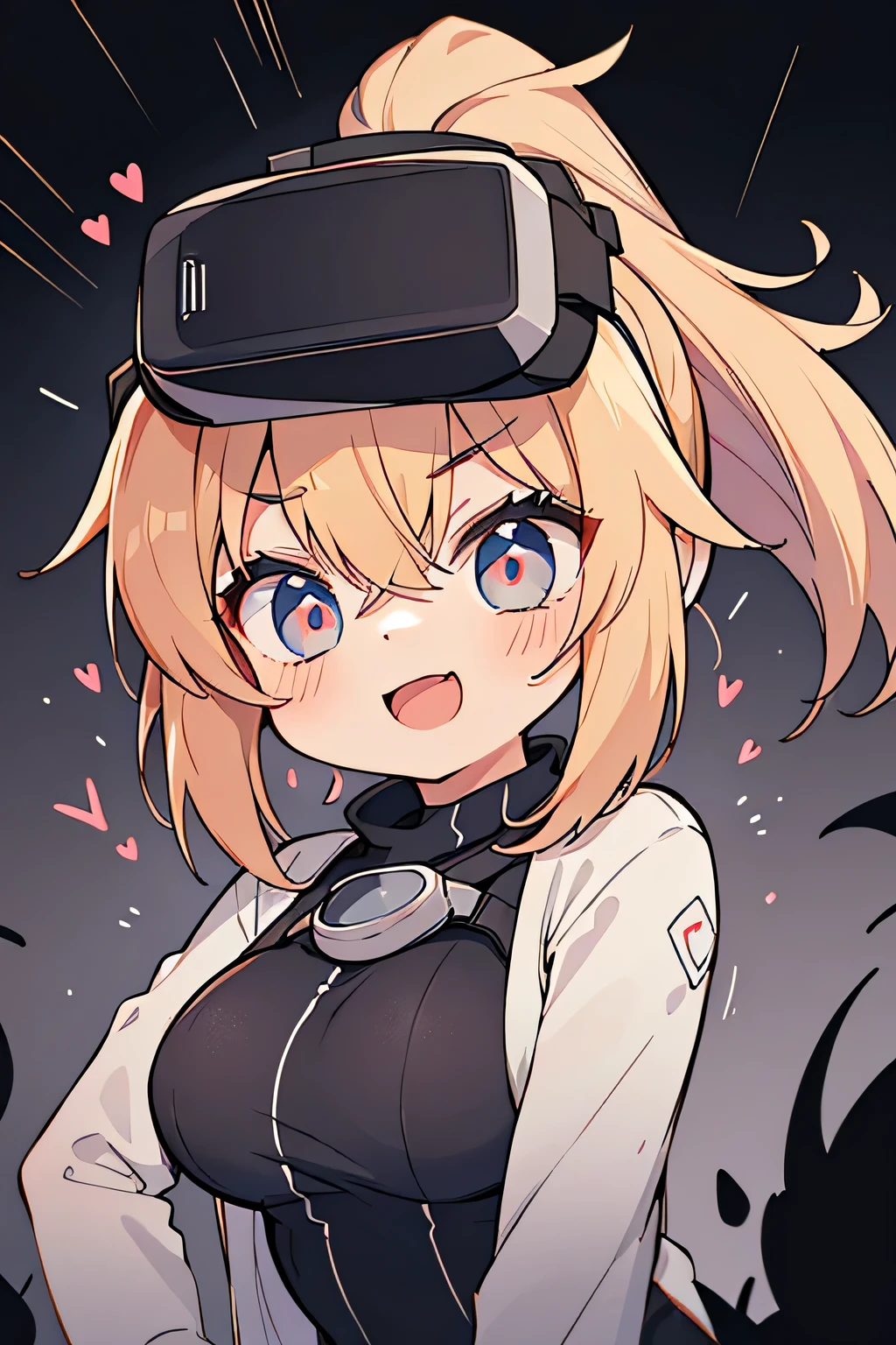Highest quality、High resolution、Detailed Background、(Beautiful face in every detail:1.4)、Anatomically correct、(Normal number of fingers:1.2)、Highly detailed face、Detailed eyes、10-year-old anime girls、(Huge breasts:1.2)、Perfect body line、Light color hair、Bobcut、ponytail、well-groomed eyebrows、Extremely excited、
(Excited girl wearing VR goggles in a dark room:1.5)、
His eyes are wide open and he is immersed in the experience inside the goggles.、Mouth slightly open or smiling widely、A part of the body is moving slightly、Your hands are shaking slightly or your body is swaying back and forth、A slight redness on the face and neck due to an increased heart rate、Totally immersed