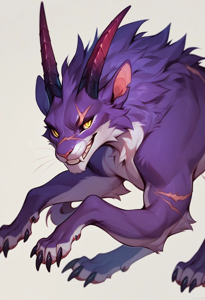 Feral Rabbit , Purple body , yellow pupils ,Smile  , claws ,scar on body ,demon horns 