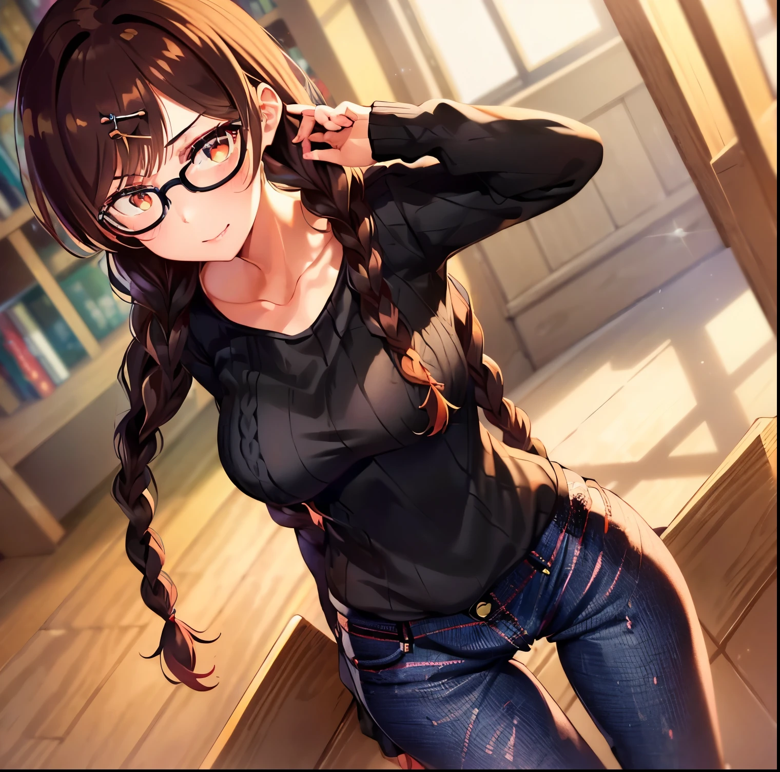 ((1girl)),((alone)),Chizuru Mizuhara, (kanokari),(masterpiece), (best quality), (ultra detailed), (best illustration), (best shadow), (absurdities), sharp focus , cowboy photo, atmospheric perspective, depth of field, dynamic posture looking at the viewer, big breasts, narrow waist, wide hips, wide thighs, round butt, erotic, romantic, (highly detailed eyes, lips 1.1), highly detailed eyes, eyes, Very detailed face, Very pretty face, Symmetrical face, Aesthetic face, perfect face, perfect eyes, detailed eyelashes: 1.5), full height, beautiful slender figure, femininity, expressive appearance, elastic big breasts, sexuality, half-open lips, eyes brown,Long hair, brown hair, ((twin braids:1.3)), ((two tails)), single, hair ornament, hairpin,(( black glasses:1.3)),twin braids,((denim jeans :1.4)), tight jeans, ((black sweater:1.4)),tight sweater,((neckline:1.3)), collarbone, ((long sleeves)),((black heels:1.2)),hand on hip ,curves,defined body,perfect and beautiful body,perfect and beautiful,closed mouth,flirtatious expression,smile,blush,(sexy pose: 1.2),((solo)), standing: 1.3,( (indoor, school, library, bookshelf, books, table, day, sunny, light reflection,)), looking forward, ((focus on hips:1.4)), point of view: (from below), perfect anatomy, perfect hands