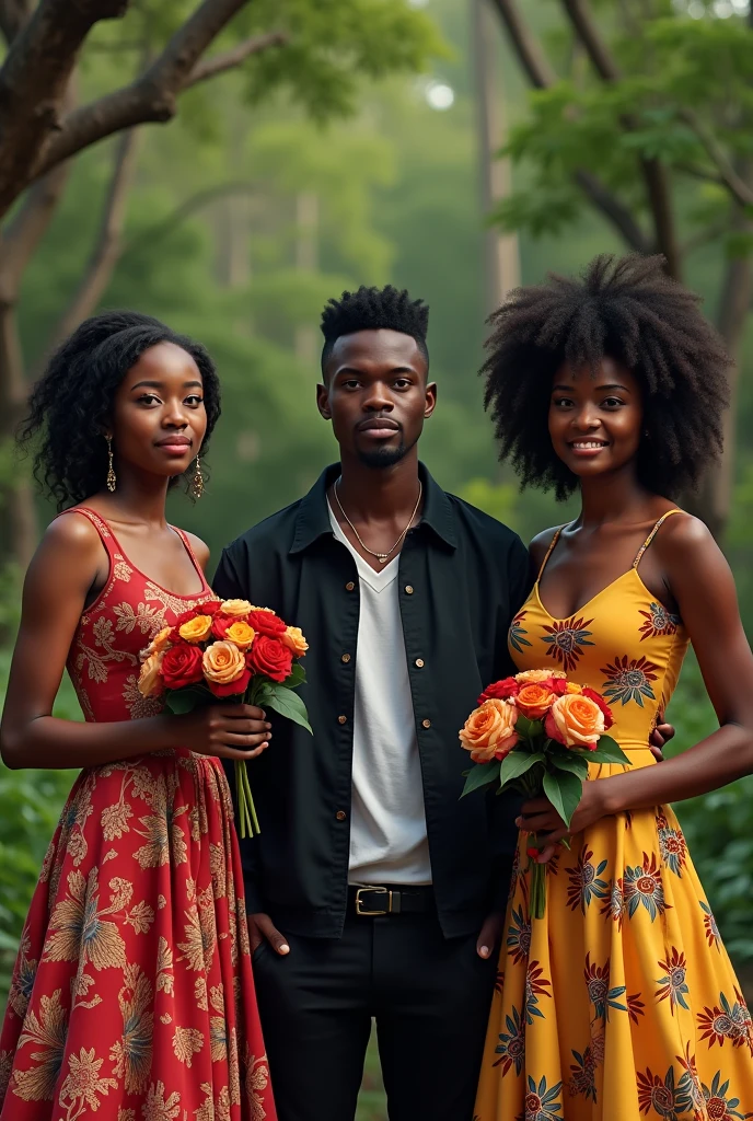 Un jeune homme de 23 ans africain en veste noir au milieu de deux filles africaines de 20 ans et 21 ans toutes deux en robes de mariage avec une fleur en main. One of the girls is happy and the other is sad