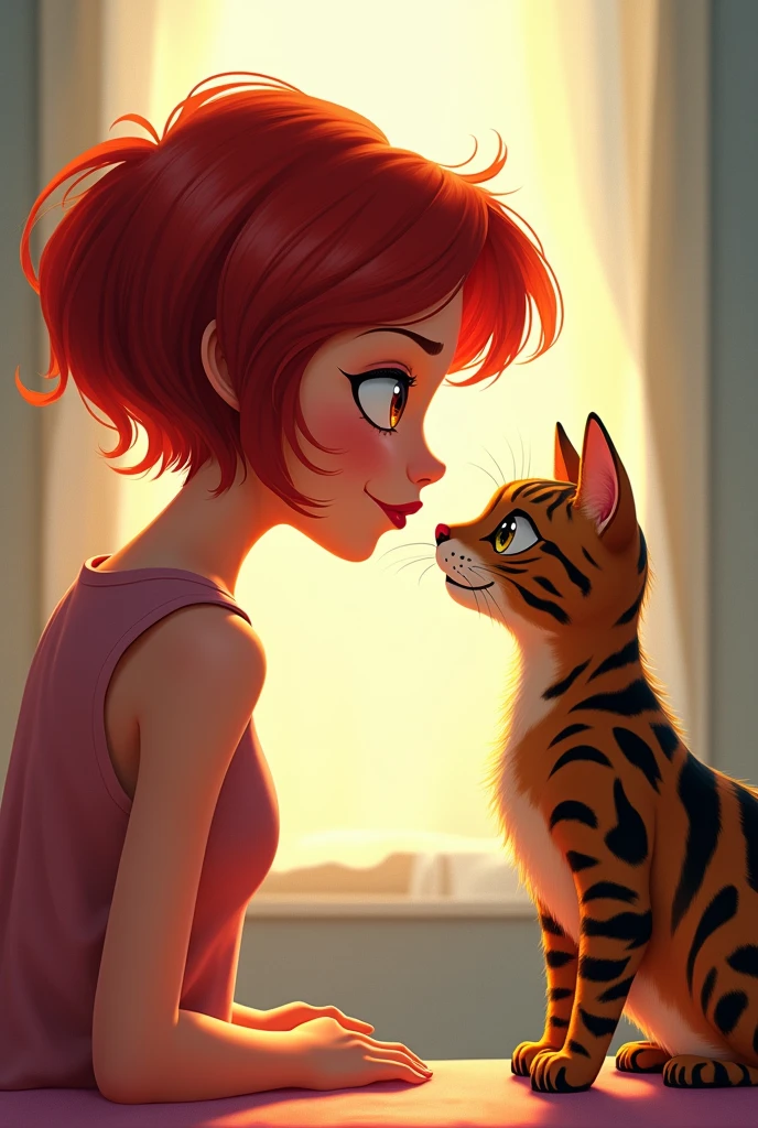 Brunette girl with short shoulder-length red hair and red lips, Oval face, body build of 80 kilos, she is not skinny, His eyes go from black to brown,  with his Bengal tabby cat, staring at each other Animated design