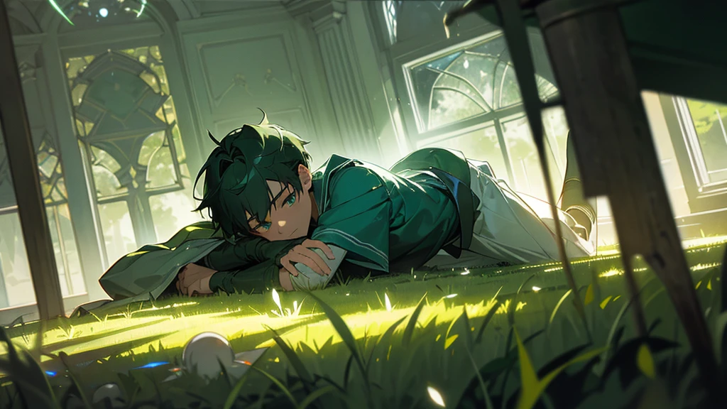 A 16-year-old boy lying in a green field, surrounded by various drugs. The small beam of light shining through the window suddenly grows much brighter, illuminating the entire scene. The intense glow contrasts with the dark, moody surroundings, creating a powerful sense of hope breaking through the darkness.