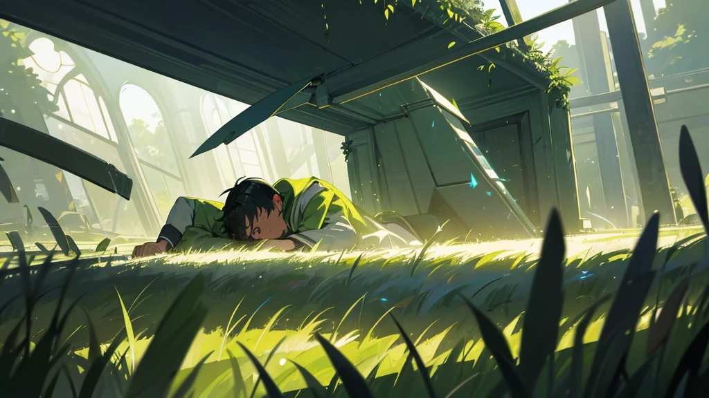 A 16-year-old boy lying in a green field, surrounded by various drugs. The small beam of light shining through the window suddenly grows much brighter, illuminating the entire scene. The intense glow contrasts with the dark, moody surroundings, creating a powerful sense of hope breaking through the darkness.