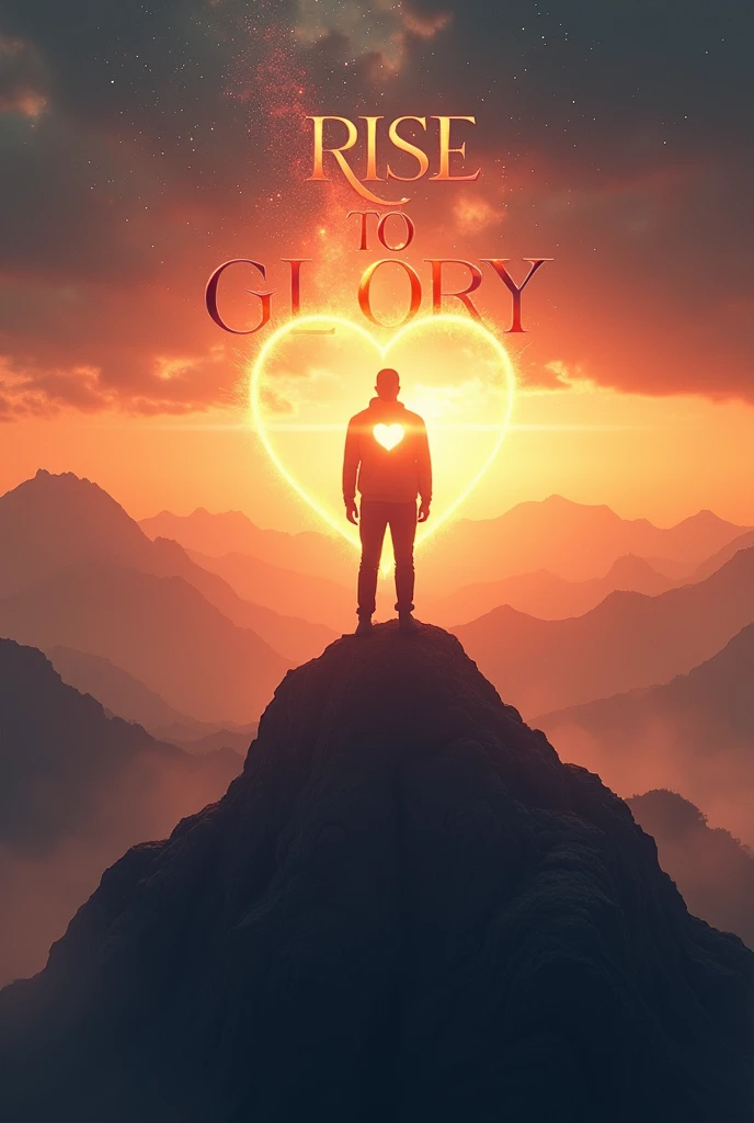 Create a realistic and inspiring cover art for a song titled 'Rise to Glory' in a 16:9 ratio. The image should feature a heroic figure standing tall on a mountain peak, overlooking a vast and radiant landscape. The sky should be illuminated with stars and a dramatic sunrise or sunset, symbolizing the journey from struggle to triumph. The figure, with a heart symbol glowing brightly, represents strength and determination. Include realistic elements like a blazing fire or sparks around them to signify the light they bring. The title 'Rise to Glory' should be prominently displayed in bold, dynamic typography that complements the grandeur of the scene. The overall mood should be epic, uplifting, and visually striking, evoking a sense of hope and victory.