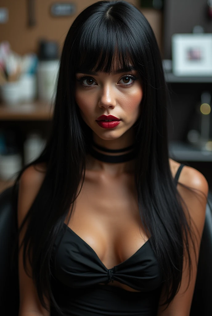 A manicurist girl with long straight hair and bangs on her forehead, very black in color, round face, slightly big and very black eyes, slightly thick lips, flat nose, sitting in a nail salon, dressed in black, dark red lips and brown skin, the same image but darker skin, small breasts.