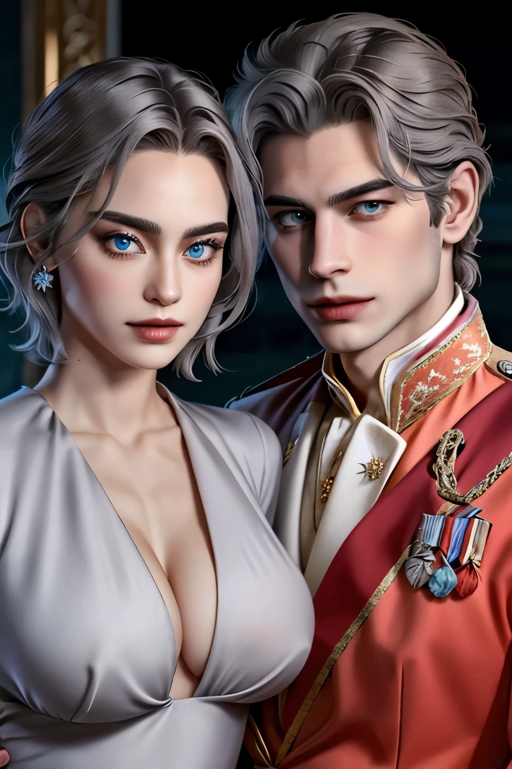 ((realistic)), (masterpiece), (5K), (best quality), 2d Couple, ((a young gray hair couple)), ((a gray long hair woman , vivid eyes, small boobs, red dress)), brown eyes, ultra well detailed eyes, ((a short gray hair guy, wearing a prince cloth, royal clothes)),((a man with a short hair)), beautiful couple pose, (summer night walk),((perfect eyes))