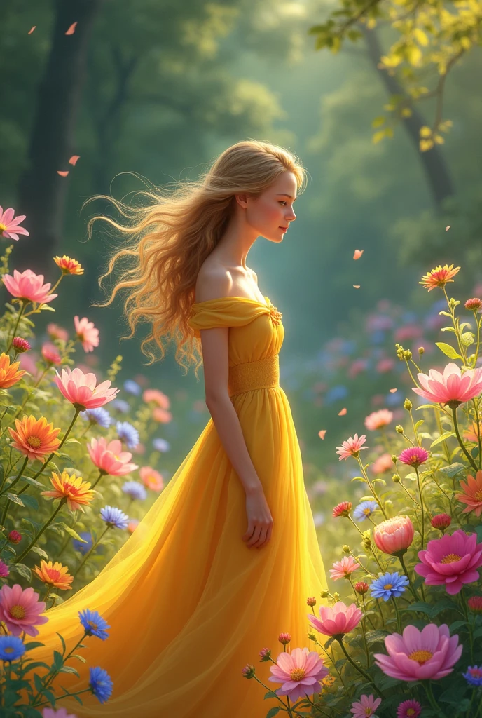 Make a princess in a yellow dress admiring some flowers