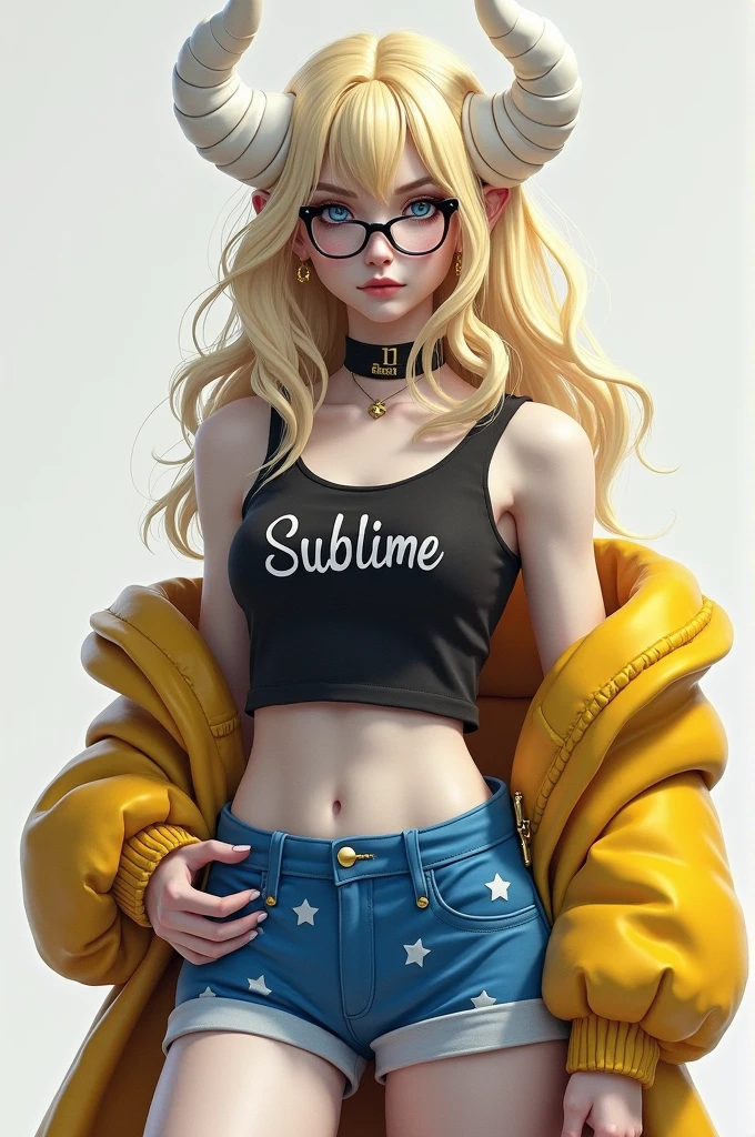 My character is blonde with glasses, she has blue shorts with white stars, a black sublime blouse, she has 2 white horns, a white valkyrie with yellow, her skin color is white