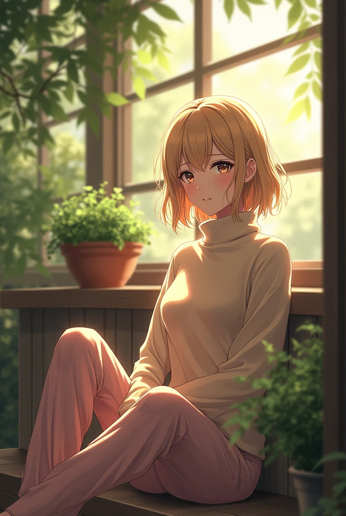 (photorealism:1.2), beautiful woman, sitting on porch, wearing turtleneck sweater, pajama pants, short blonde hair, outdoors, soft lighting, plants in window, relaxed pose, anime, intricate details, warm colors