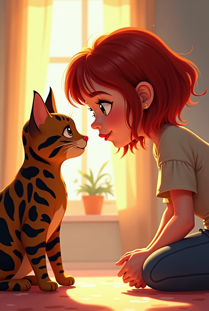 Brunette girl with short shoulder-length red hair and red lips, Oval face, body build of 80 kilos, she is not skinny, His eyes go from black to brown, with his Bengal tabby cat, staring at each other Animated design