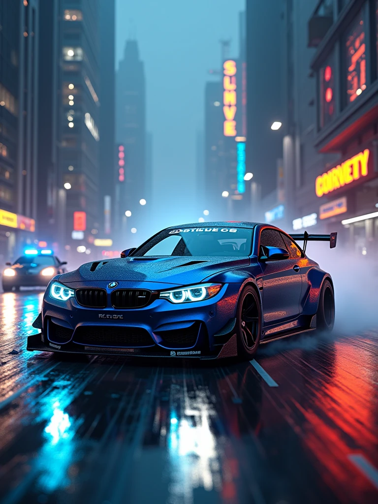 sport car, shimmery metallic blue job paint, aggressive look, tuned, bmw m3 gtr vs corvette c6 cop, mix, full car only, in motion, (bright headlights on:1.6), (at night:1.6), high speed, (motion blur:1.3), (driver:1.6), movie action scene, (Need for Speed:1.3), wet road, illegal racing game, (industrial cityscape in background:1.5), (detailed stunning environment:1.5), (foggy), moody dark atmosphere, bright headlights, neon underground aesthetics, (sci-fi), cyberpunk, blade runner, cinematic, cover art, (low front angle), full view of a sports car, intricate, highly detailed, digital painting, digital art, artstation, concept art, (complementary colors:1.5), (color contrast:1.5), best quality masterpiece, photorealistic, detailed, sharp focus, 8k, HDR, shallow depth of field, broad light, high contrast, backlighting, bloom, light sparkles, chromatic aberration, sharp focus, RAW color photo