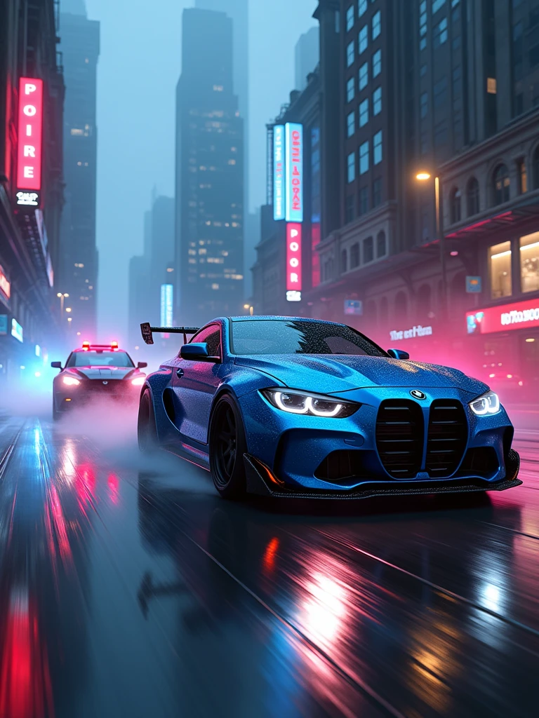 sport car, shimmery metallic blue job paint, aggressive look, tuned, bmw m3 gtr vs corvette c6 cop, mix, full car only, in motion, (bright headlights on:1.6), (at night:1.6), high speed, (motion blur:1.3), (driver:1.6), movie action scene, (Need for Speed:1.3), wet road, illegal racing game, (industrial cityscape in background:1.5), (detailed stunning environment:1.5), (foggy), moody dark atmosphere, bright headlights, neon underground aesthetics, (sci-fi), cyberpunk, blade runner, cinematic, cover art, (low front angle), full view of a sports car, intricate, highly detailed, digital painting, digital art, artstation, concept art, (complementary colors:1.5), (color contrast:1.5), best quality masterpiece, photorealistic, detailed, sharp focus, 8k, HDR, shallow depth of field, broad light, high contrast, backlighting, bloom, light sparkles, chromatic aberration, sharp focus, RAW color photo