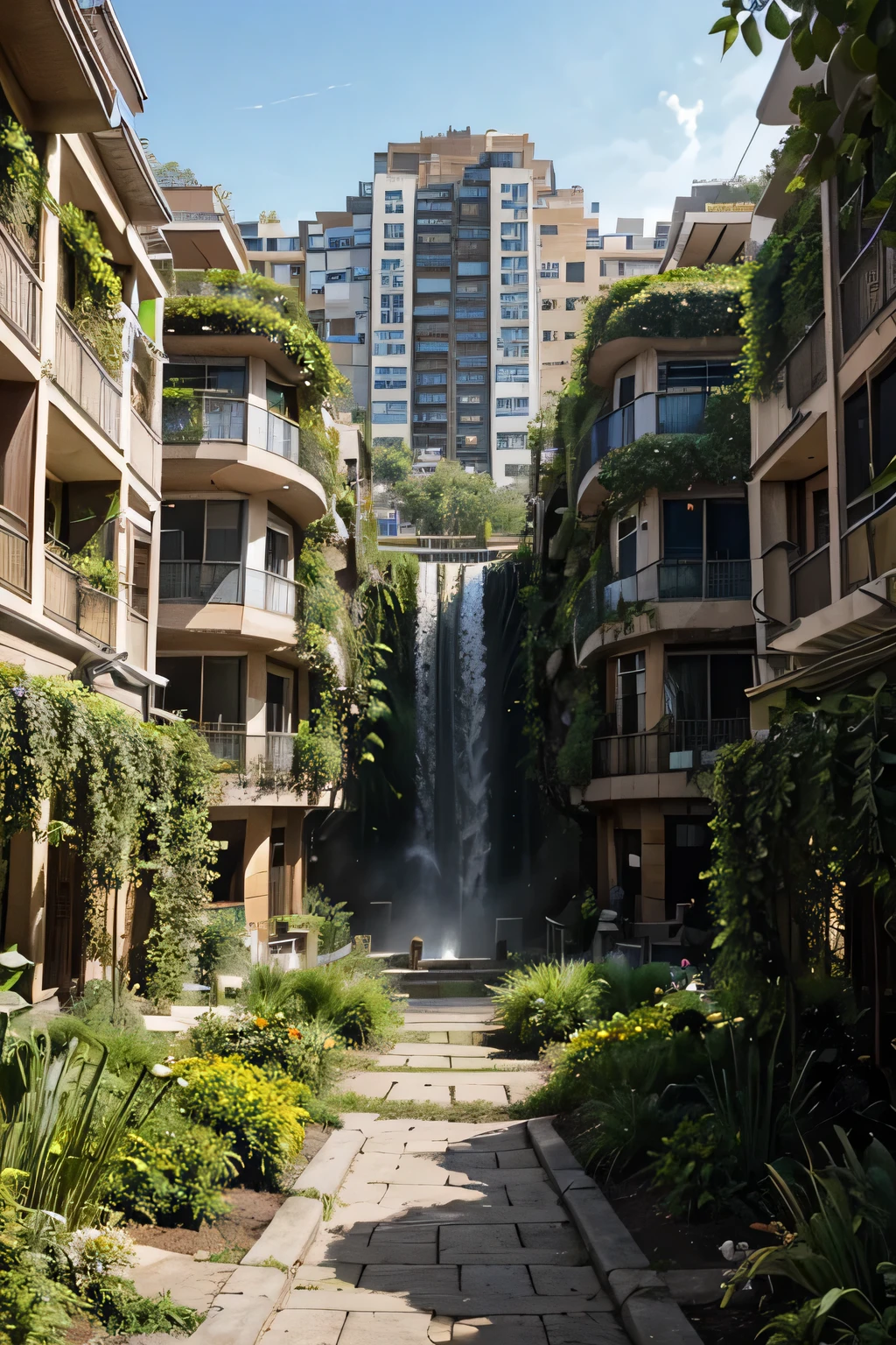 In the heart of a lush, post-apocalyptic landscape, imagine a Solar punk Building Apartment complex blooming with vibrant life. Envision a cascading waterfall powering a network of solar panels that adorn the rooftops of colorful, sustainable dwellings. Towering vertical gardens stretch towards the sky, teeming with a variety of plant life and cascades of hanging vines. Imagine a central plaza bustling with people, where street musicians play solar-powered instruments, and market stalls overflow with locally grown organic produce. The village exudes a sense of harmony with nature, combining traditional architectural elements with innovative, Eco-friendly technologies.