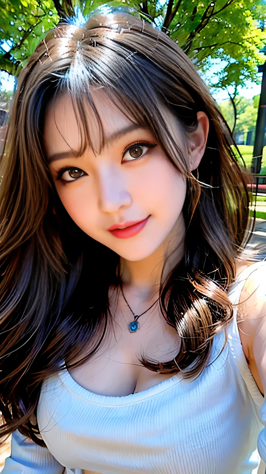 seed;2372725988,((Full Body Angle))、((Front hair:1.3))、((Highest quality, 8k, masterpiece: 1.3)), concentrated: 1.2, Cute 1,Nipples erect、 Perfect beauty: 1.4,Summer off-the-shoulder cropped T-shirt、Letter Print、Shorts: 1.2,Long sleeve、Randall Color、comics&Text Graphics、Black ruffle-trimmed drawstring zip blouse,1.1, Highly detailed face and skin textures, Fine grain, double eyelid, whitening skin, ,Highest quality,Ultra-high resolution,you,1 person,alone,_Shiny_skin,Iris,necklace,((brown_length_Wavy_hair)),(lips)),eyelash,Front hair,deal with,compensate,Shiny,pore,skin,Large Breasts、((Smile))、Walking in the park、Selfie、((close-up))