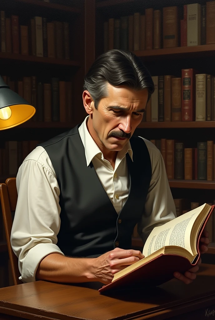 Create a bust portrait scene of a middle-aged man with glasses, vestindo um terno elegante. He holds a hardcover book with one hand while the other rests casually on the book's cover. His face reflects an expression of curiosity and readiness to share the knowledge contained in the book