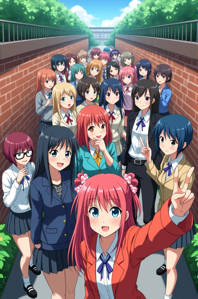 20 personnes (6 boys and girls) taking a picture like a class photo. Tous vêtus comme des otakus. Two boys arguing. Three girls taking a selfie. A schoolyard background