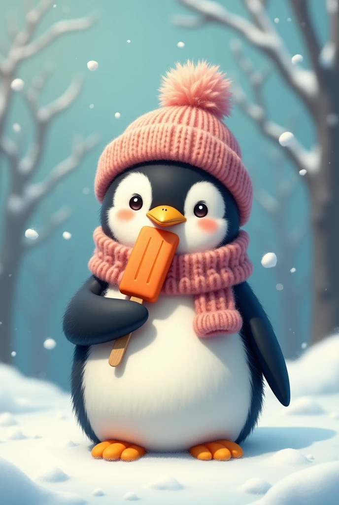Penguin wearing a hat and scarf with a popsicle 