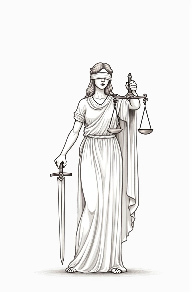 Goddess Themis, blindfolded, with a scale in his right hand and a sword in his left hand Simple hand drawing