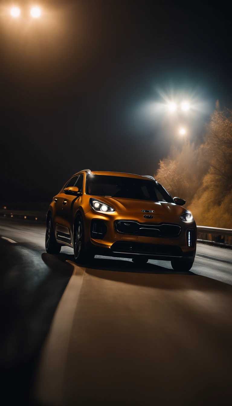 8k,Best Quality, masterpiece, ultra high resolution, (photorealistic:1.4), raw photo, (Genuine leather texture:1.3), (film grain:1.3), Kia car in different climates at full speed on the highway