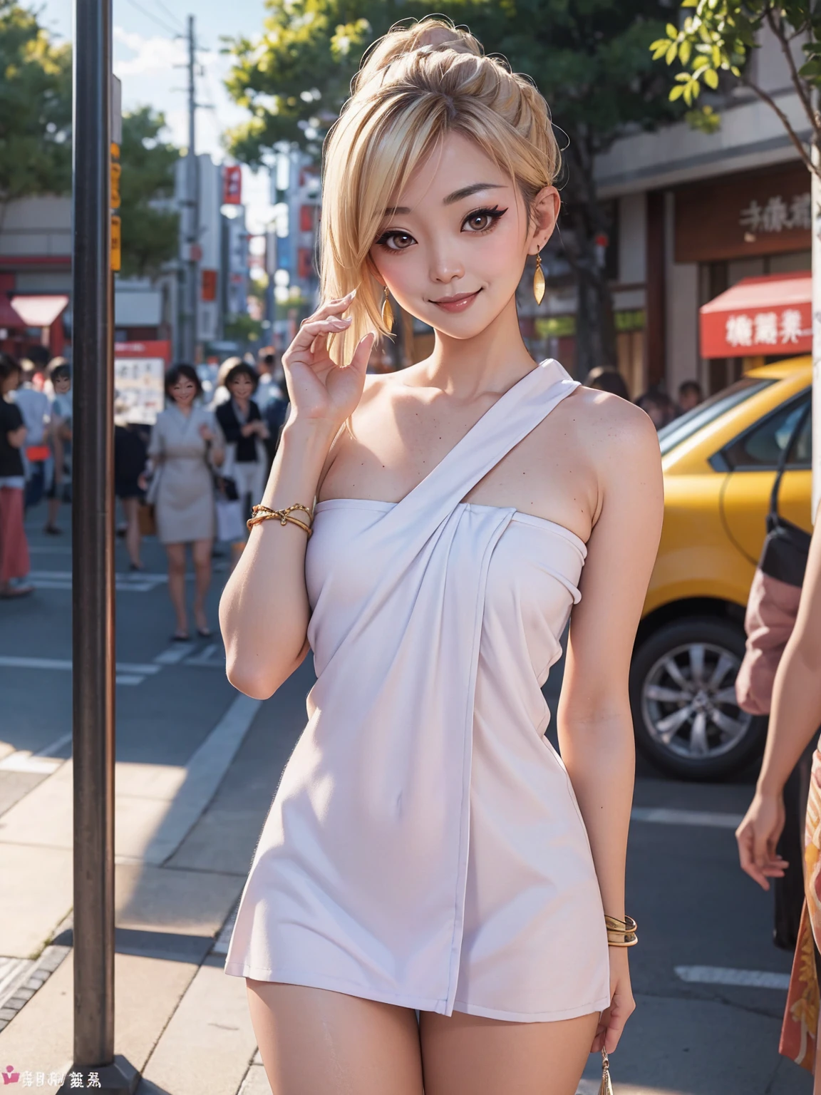 soft_light, (Masterpiece: 1.5), (Best Quality: 1.5), High Resolution, High Detail, sfw (Japanese MILF beauty, slanted Asian eyes:1.35), Solo, Skin Highlight, Sharpen, Clear, straight hair, ponytail, multicolored blond hair, Jewelry, bracelet, earrings, pale skin, smile, shopping in crowded plaza street, (wearing naked towel, flat_chested, thighs, freckles)