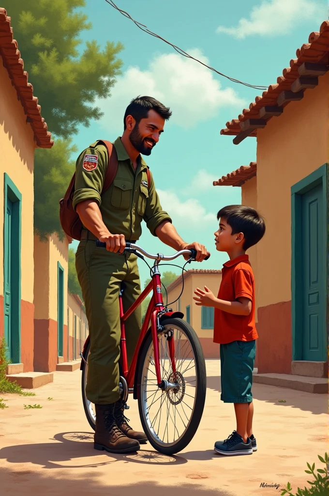 Mexican soldier shows his son a bicycle