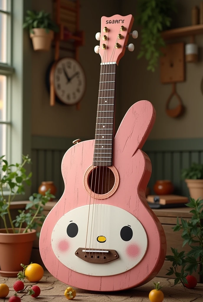 A guitar from my melody from sanrio ( that it is a rustic guitar that the sound box has its face)