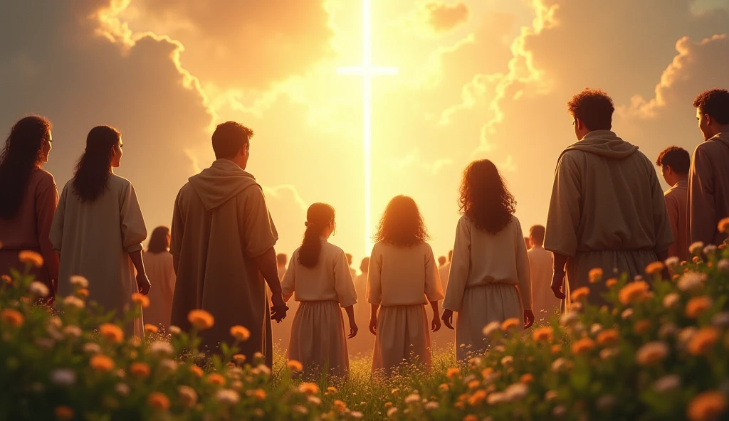 "Create a stunning visual scene that captures the anticipation and hope of Jesus’ return, as described in the Bible. The scene should include a radiant sky with golden clouds and rays of light emanating, symbolizing the divine presence. In the foreground, show a group of people of different ethnicities and ages, expressing joy and reverence as they look up to the sky, with faces illuminated by heavenly light. Ao fundo, portray a serene landscape, with green fields and colorful flowers, symbolizing peace and renewal. The image should convey a sense of hope, faith and unity among people, reflecting the biblical promise of redemption and love."