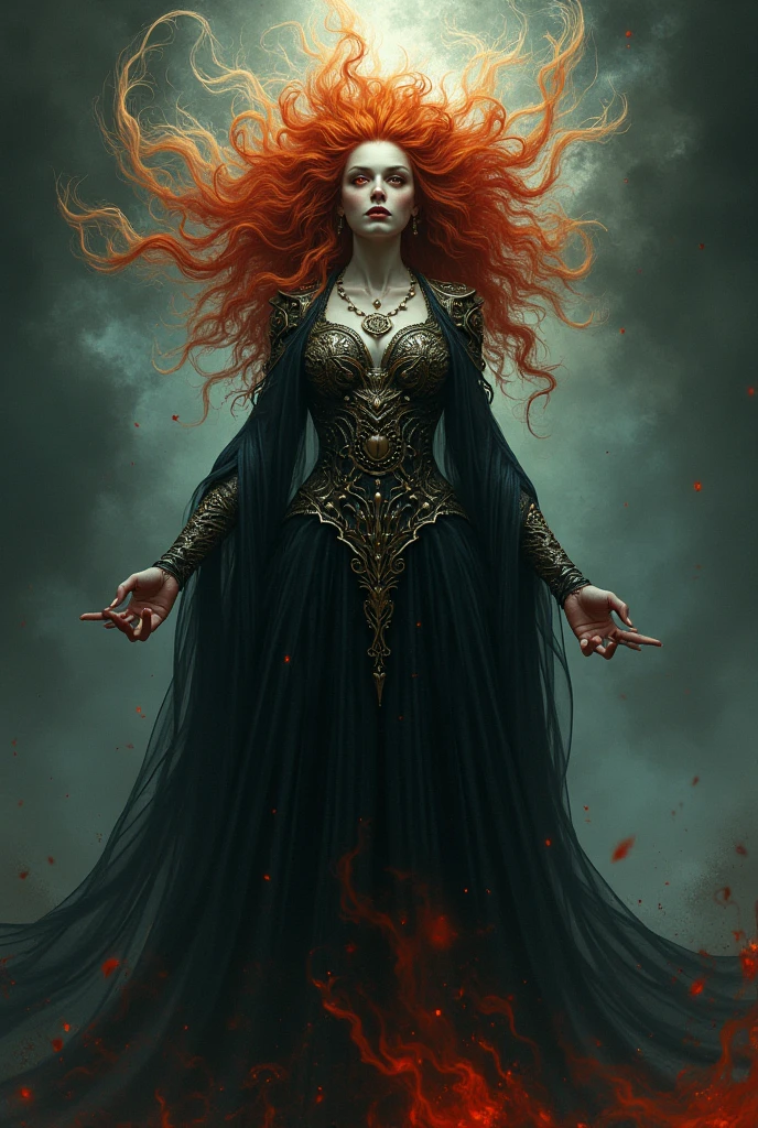 God of Death, curly, red hair and eyes of different colors woman