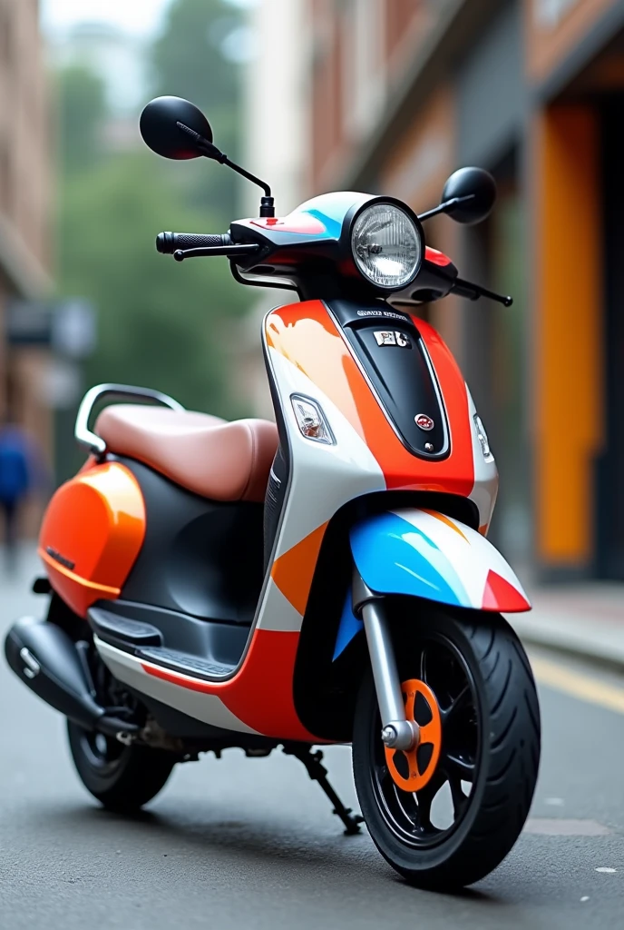 Scooter with black red Blue white orange and grey