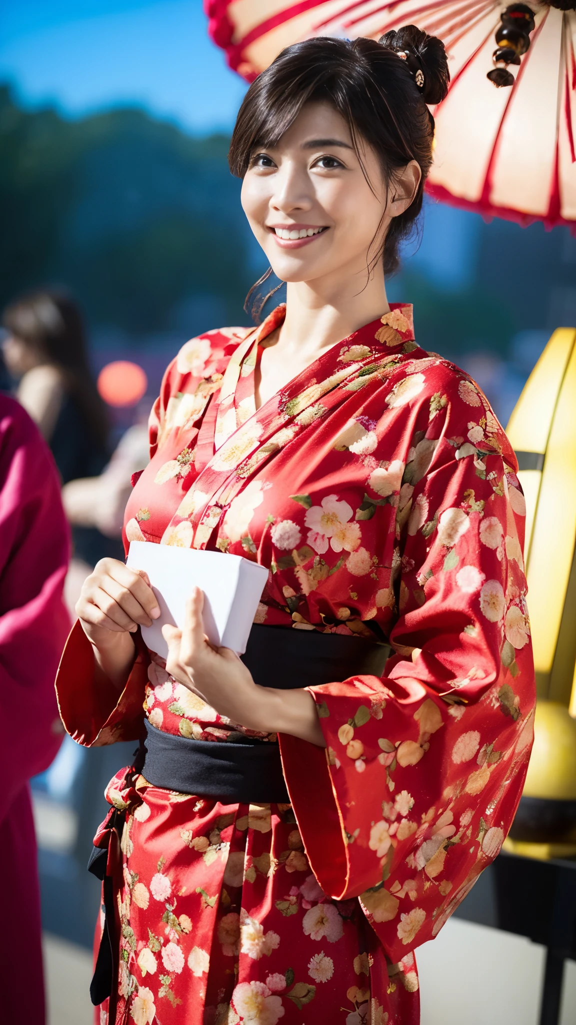 (8k,Ultra-high resolution,Highest quality,masterpiece,Realistic,Ultra-high resolution,High-quality RAW color photos,Professional photos,Realistic,Realistic),Natural skin texture,Fine skin,Hyperrealism,Intricate details,Adult women,Eye highlights,Glossy Lips,(Cute smile,Black hair chignon),((gigantic breast,Big Breasts)),(((Peony pattern red yukata,geta))),(((Night Sky,Summer festival,firework,crowd)))Warm lighting