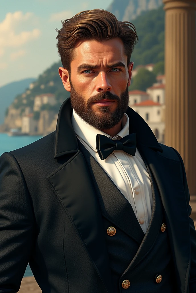Prince of Monaco 30 years, extremely handsome and manly, very athletic body, His facial features are thick and have perfect jaws that show gallantry and at the same time a serious face., with a very well-groomed and perfect beard, sky-blue eyes and light brown hair. In the background a landscape in the Victorian era 