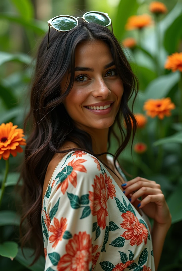 A Brazilian woman in a lush tropical garden, wearing an open shirt with a floral print, with a close-up capturing the harmonious beauty between her breasts and the natural flowers, showing off your natural charm and outgoing personality.