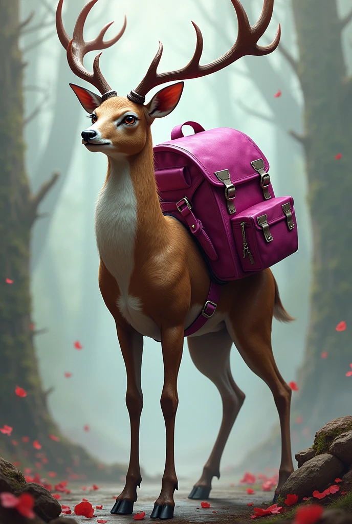 Diabolical deer standing on two legs, half female and with a backpack on its fuchsia-colored back
