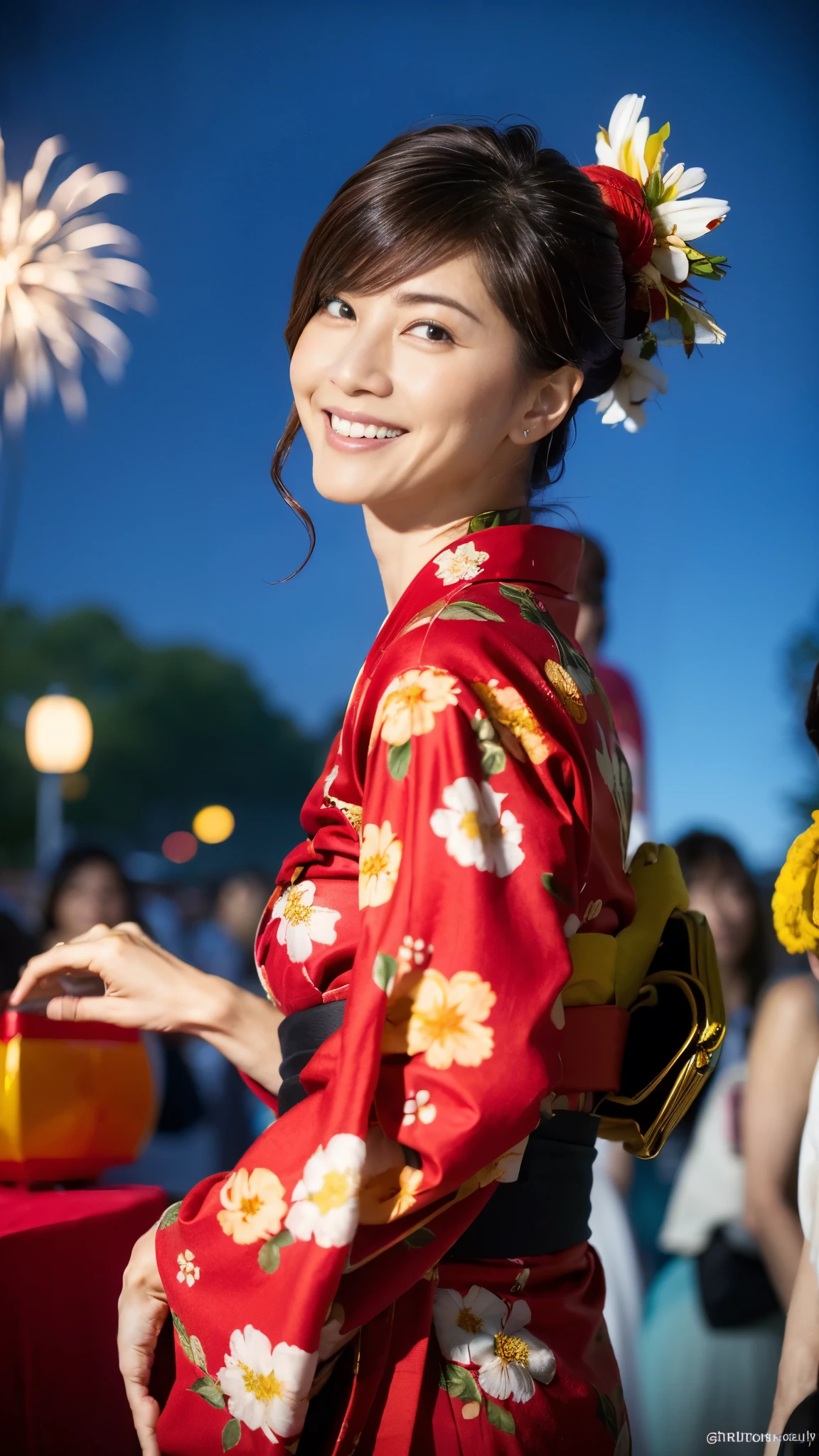 (8k,Ultra-high resolution,Highest quality,masterpiece,Realistic,Ultra-high resolution,High-quality RAW color photos,Professional photos,Realistic,Realistic),Natural skin texture,Fine skin,Hyperrealism,Intricate details,Adult women,Eye highlights,Glossy Lips,(Cute smile,Semi-long hair),((gigantic breast,Big Breasts)),((((Floral red yukata,geta)))),(((Night Sky,Summer festival,firework,crowd)))Warm lighting