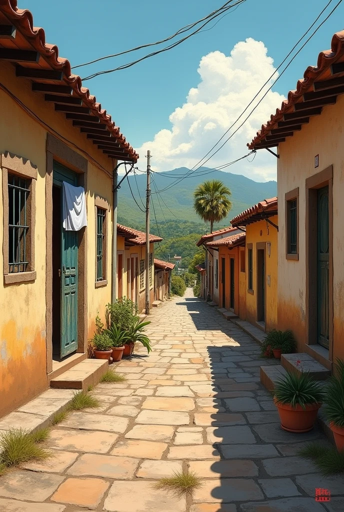 Painting cobblestone street with old and humble houses in northeast Brazil.