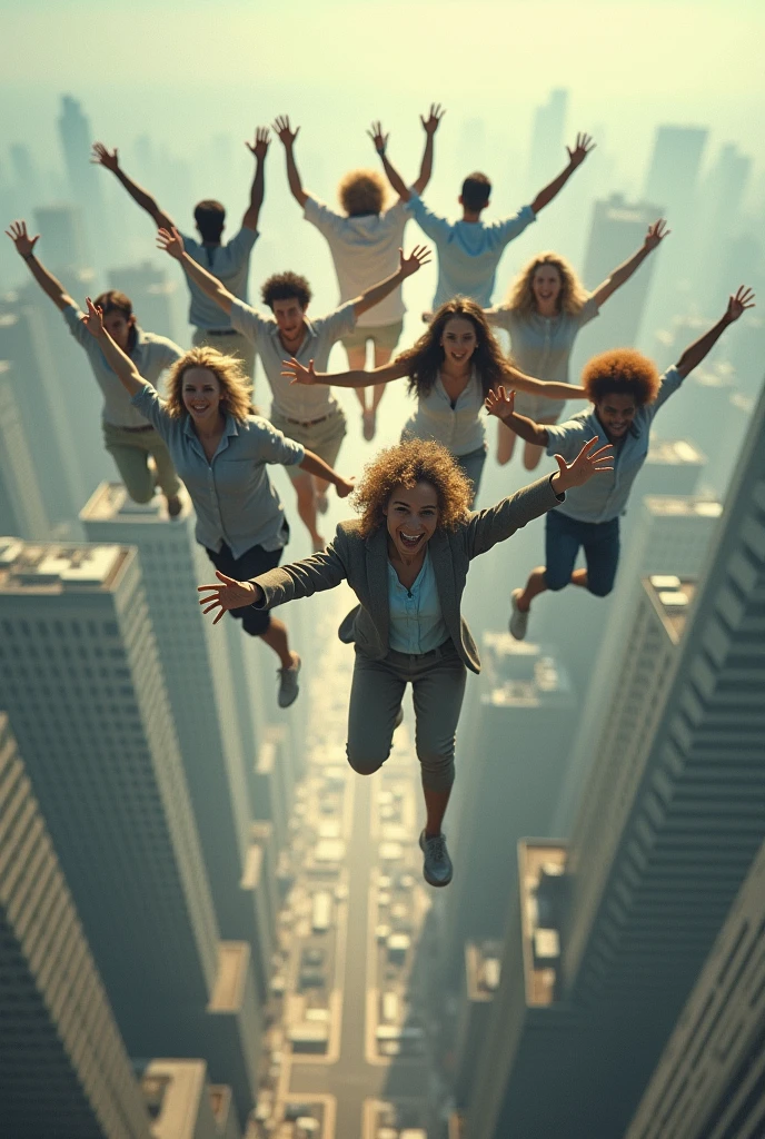 Create a group of men and women flying into the sky from a city