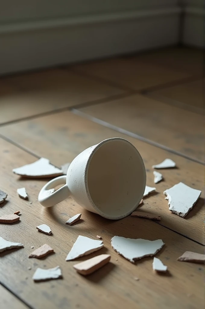 Ceramic cup on the floor broken into pieces