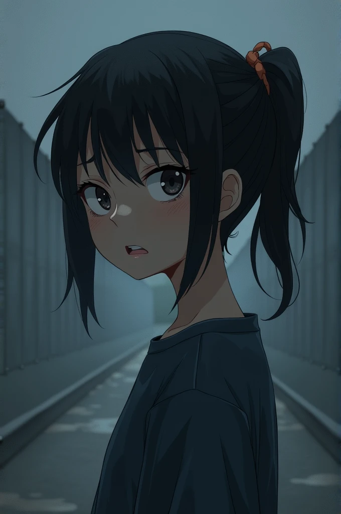 1 boy, boy crying, sadboy, Black hair, bangs, small ponytail at the back, glancing back